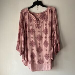 Pink Patterned Pullover Blouse Top SZ‎ 1X Peasant Boho Cottagecore Oversized